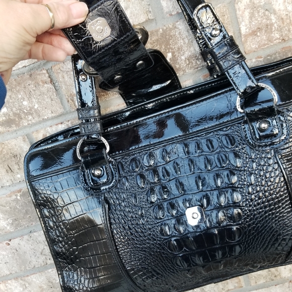 M. C. Marc Chantel Black Patent Croc Embossed Satchel Shoulder Bag Purse (15x9) - Picture 4 of 8